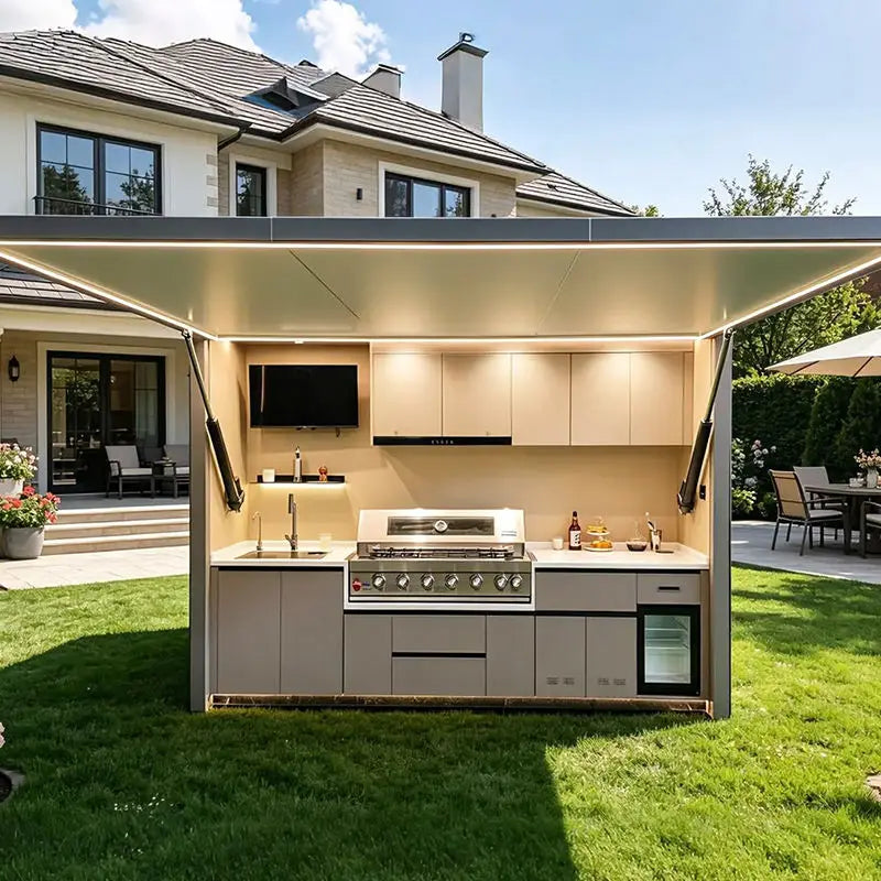 Luxury Outdoor Kitchen Island Set with Built-in Gas BBQ Grill, Pizza Oven & Storage Drawers Prefabricated Patio Cooking Station