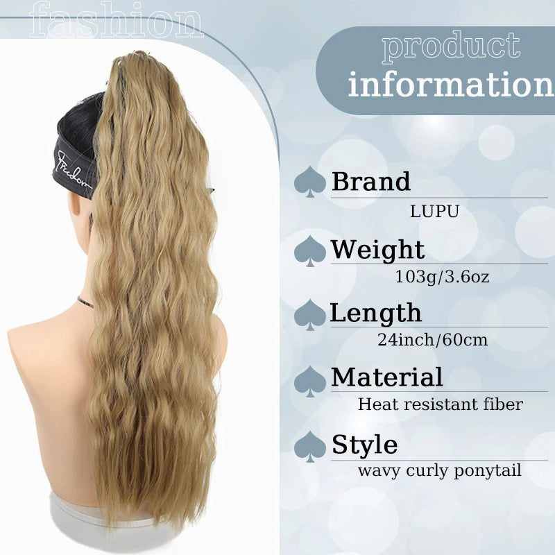 Synthetic Long Curly Hair Ponytail 24inch Wavy Ponytail Extensions with Elastic Hair Tie Women Hairpiece for Daily Party Wear