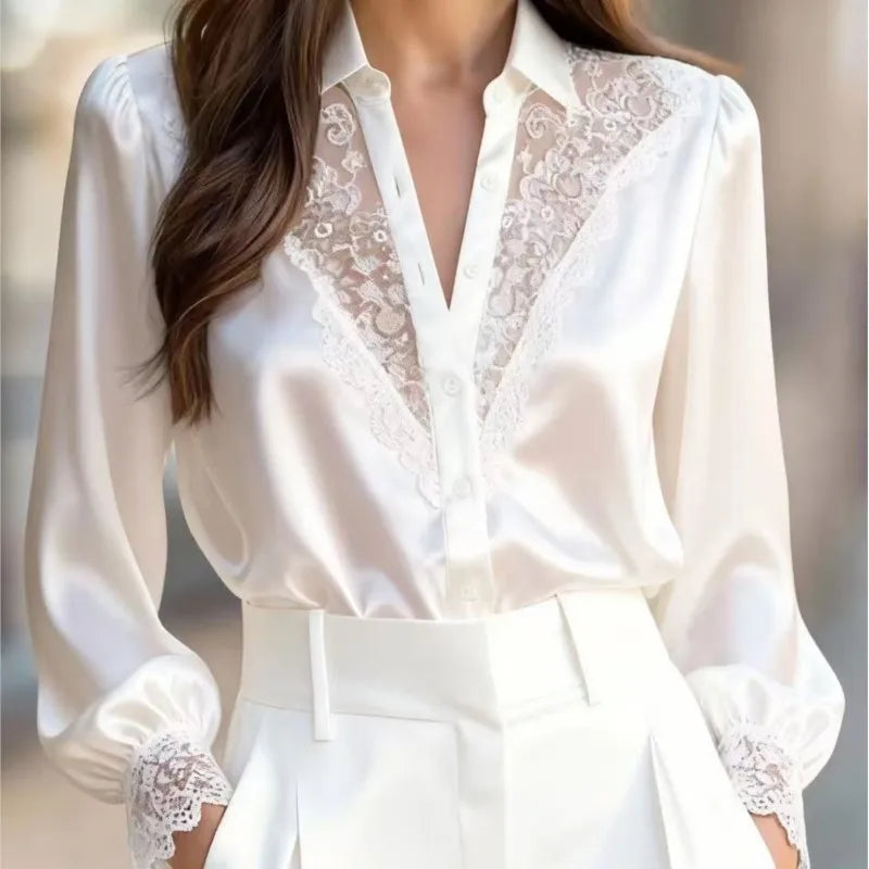 New Lace Patchwork Shirt For Women Fashion Long Sleeve V Neck Button Shirts Tops Lady Chic Office High Street Women's Clothing