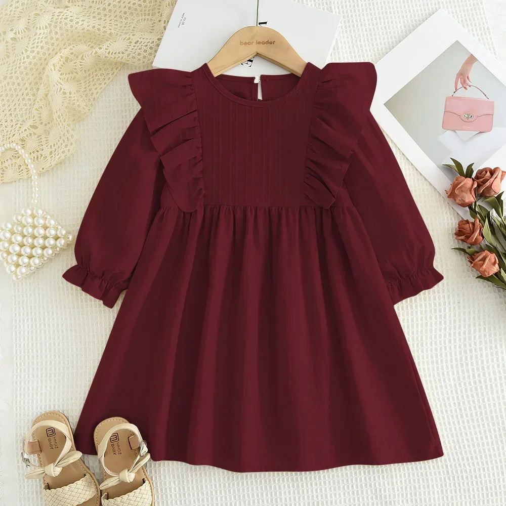 Plain Casual Girls Dress Autumn Long Sleeved Pleated Kids Dresses for Girls Pink Clothes Fashionable New Children's Clothing