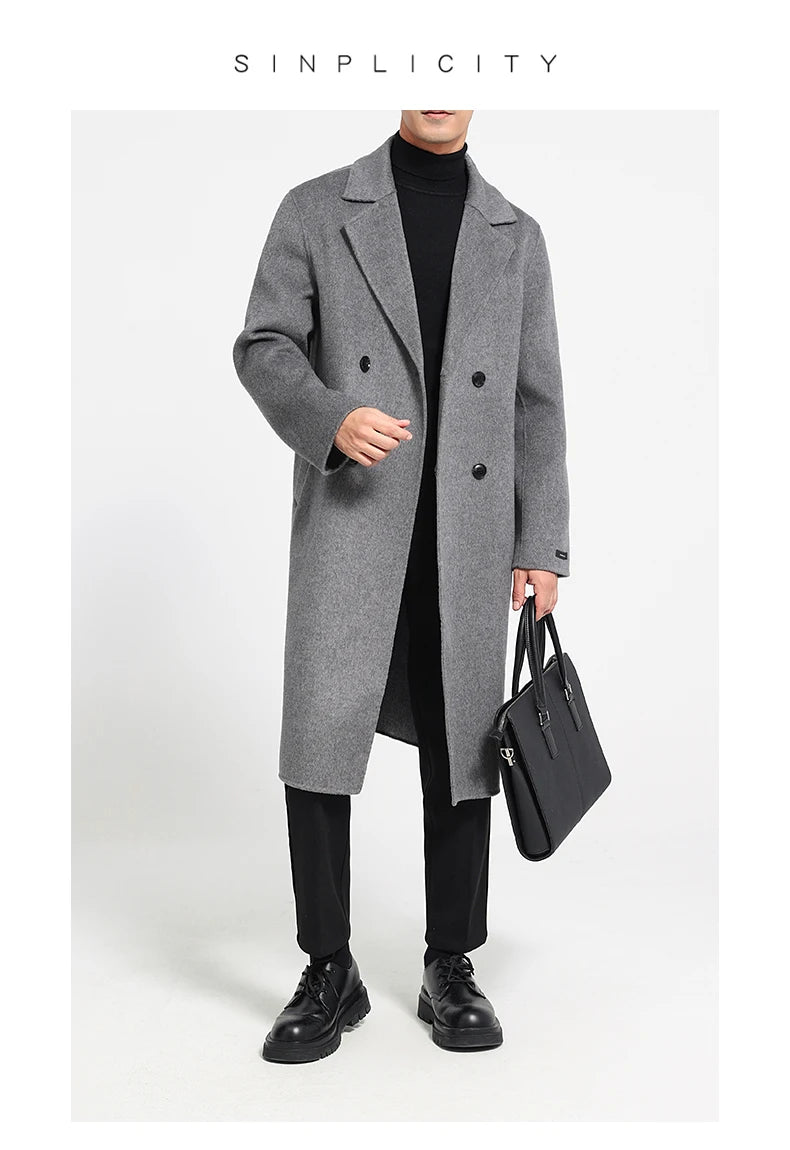 Men's 100% Cashmere Thick Double-Sided Extended Coat, Classic and Versatile Fashion for Business and Leisure
