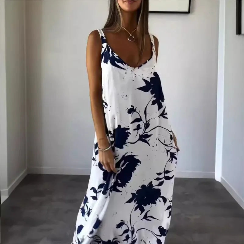 Vestidos Summer Women's Fashionable Printed Camisole Backless Casual Dress 2025 Sexy Women's V-neck Loose Beach Maxi Dresses