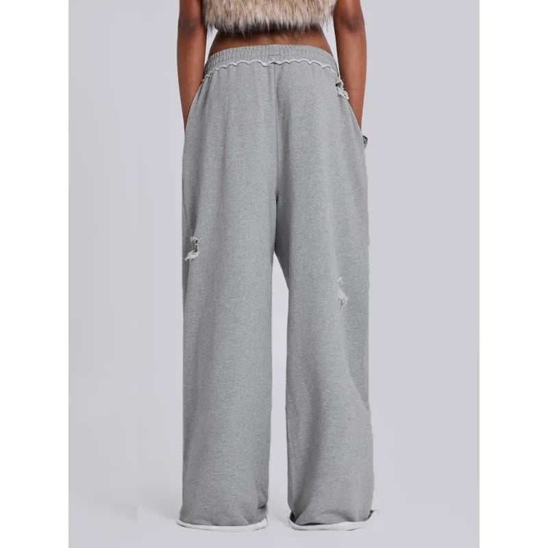 Y2k Grey Ripped Women's Jogging Wide Leg Pants American Retro Hip-hop Drape Thin Sports Pants Solid Color Loose Casual Summer