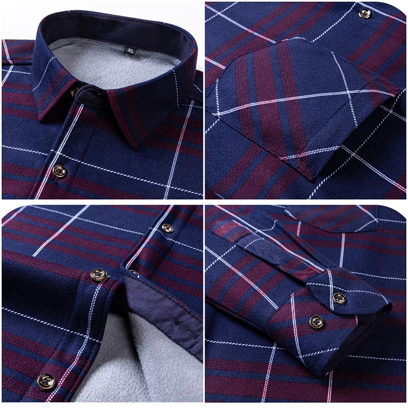New In Tops Men's Thicken Flannel Fur Lined Shirts Autumn Winter Plus Sized Warm Long Sleeved Plaid Business Casual Slim Clothes