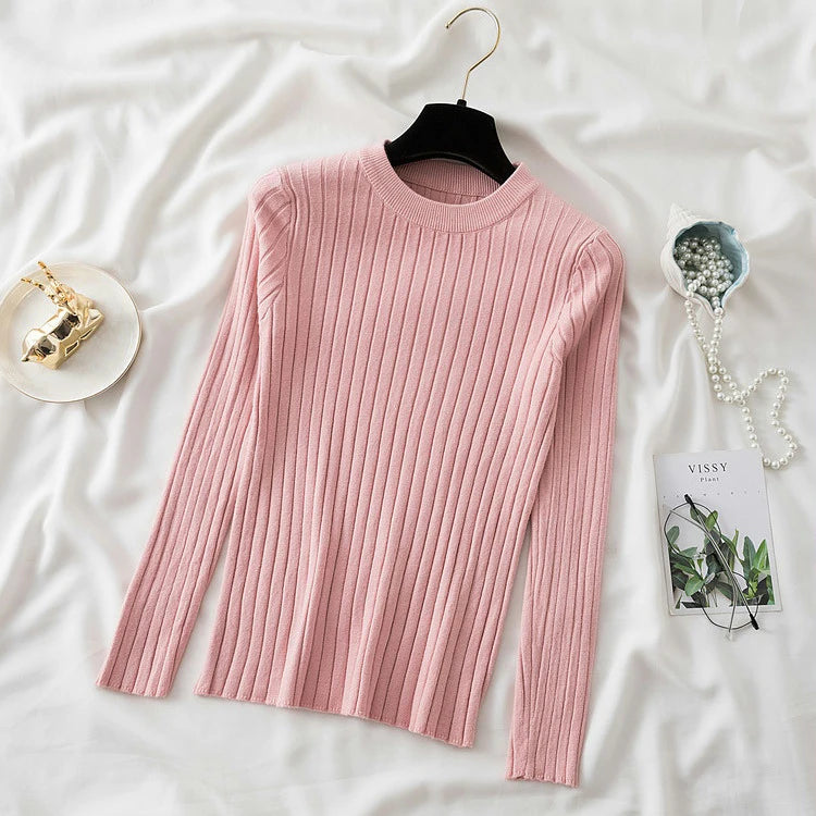 Women Pullovers Sweaters Knit Soft Jumper tops New Autumn Winter Tops O-Neck Ribbed Long Sleeve Korean Slim-fit Female Sweater