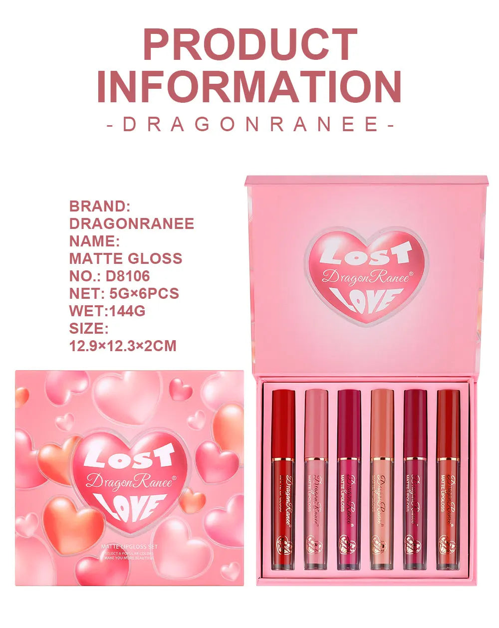 Set of Six Lip Glazes, Matte and Fine Texture, Easy to Apply, Non-Stick, Waterproof and Sweat-Proof, Versatile for Daily Use, Lip Gloss and Lipstick Set