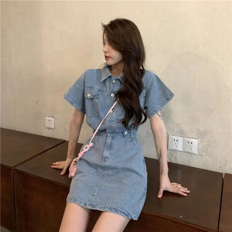 Women Vintage Denim Shirt Dress High Waist A-line Jean Mini Dress for Ladies Retro Y2K Streetwear Dresses for Women Party Outfit