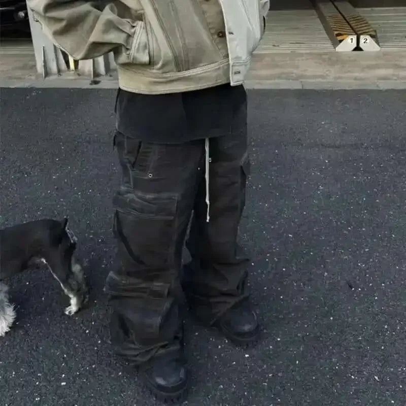 High Street Drawstring Zipper Sliced Wide Leg Cargo Pants Msn's Casual Loose Straight Trousers Loose Denim Pants