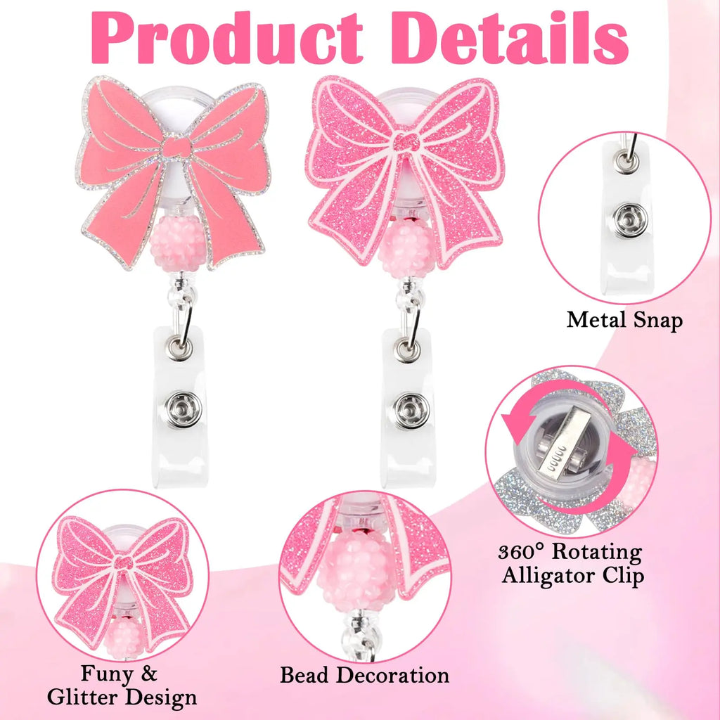 Pink Bow Badge Reel Cute Badge Reel with Alligator Clip ID Badge Holder Funny Sparkly Glitter Retractable Nursing Badge Reels