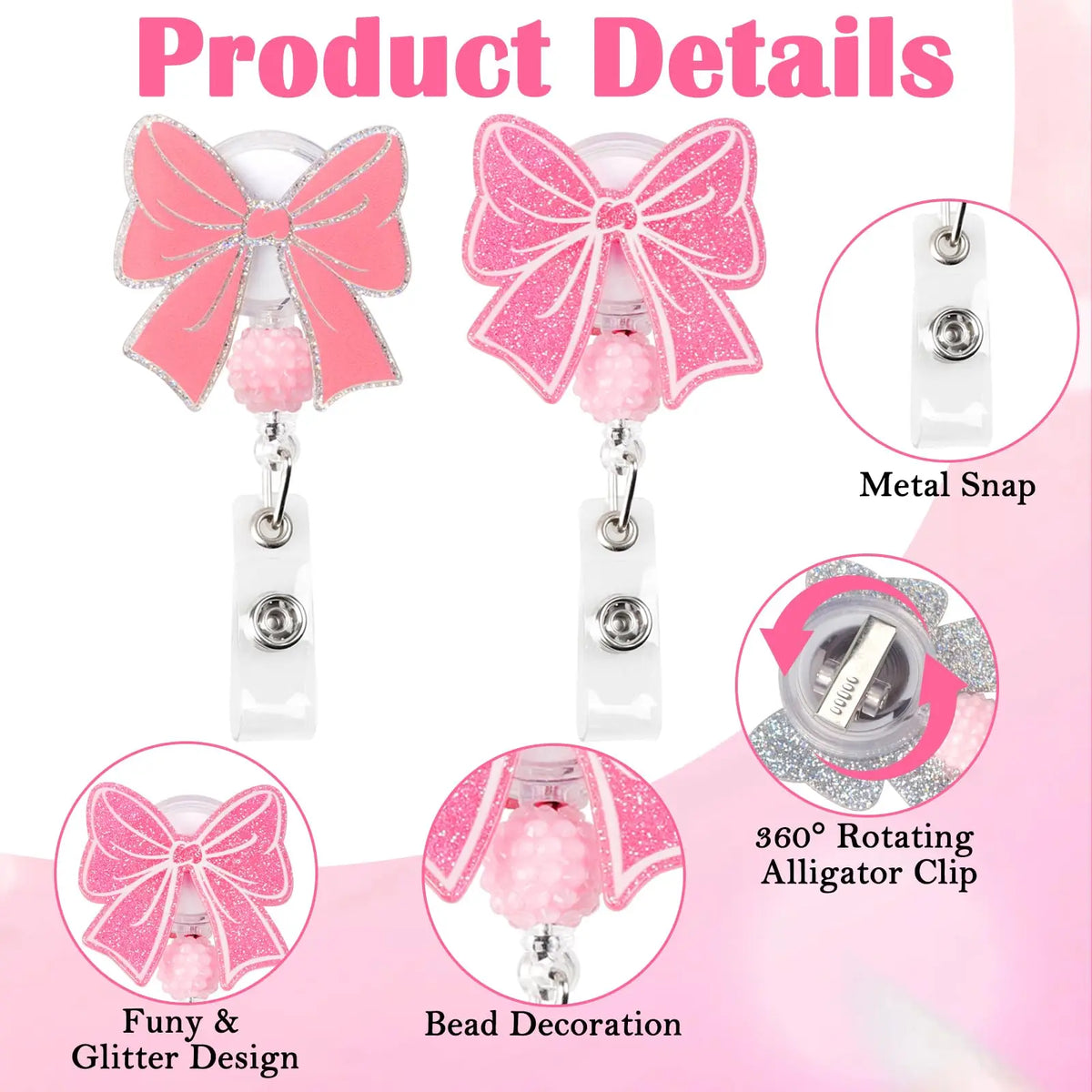Pink Bow Badge Reel Cute Badge Reel with Alligator Clip ID Badge Holder Funny Sparkly Glitter Retractable Nursing Badge Reels