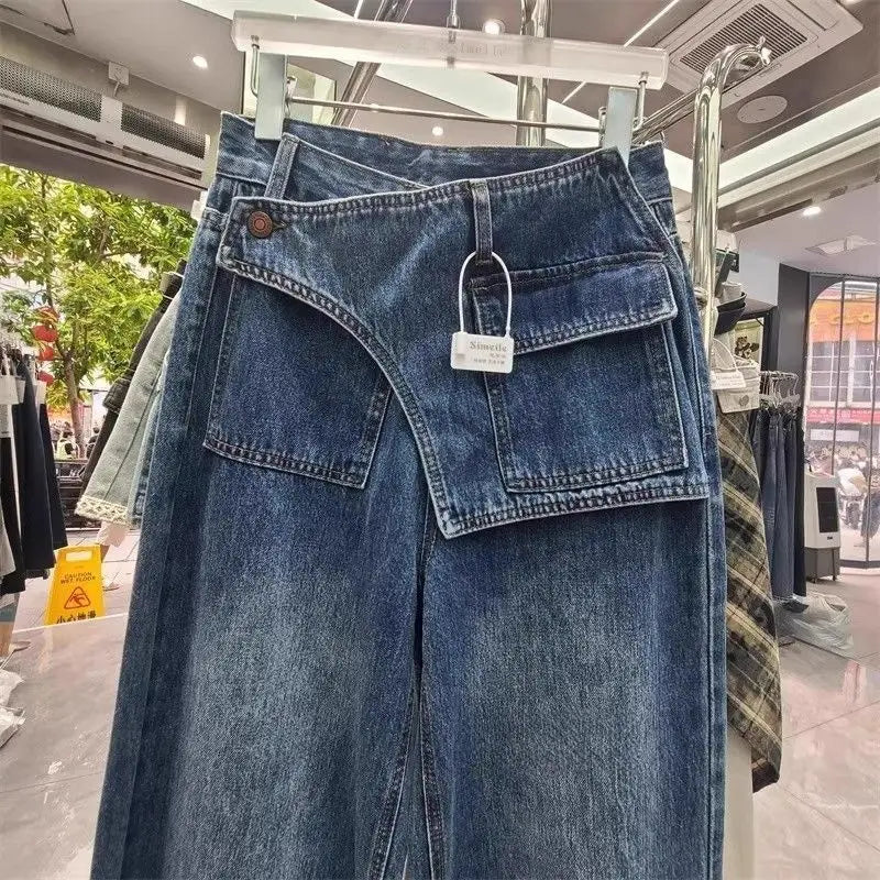 2026 Korean Style Fashion American Vintage Denim Pants Women High Waist Irregular Jeans Trouser Loose Wide Leg Trousers Retro