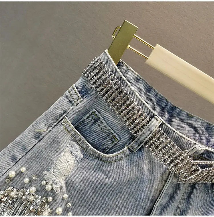 Denim Shorts Women's 2025 Summer Clothes New European High Waist Thin Heavy Industry Beaded Sequined Fringed Broken Copper Jeans