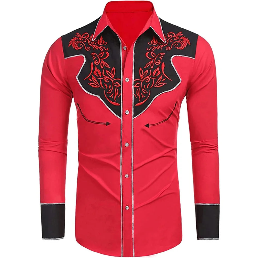2023 New Men's Western Printed Long-Sleeved Lapel Single-Breasted Shirt Casual Social Men's Club Street Clothing