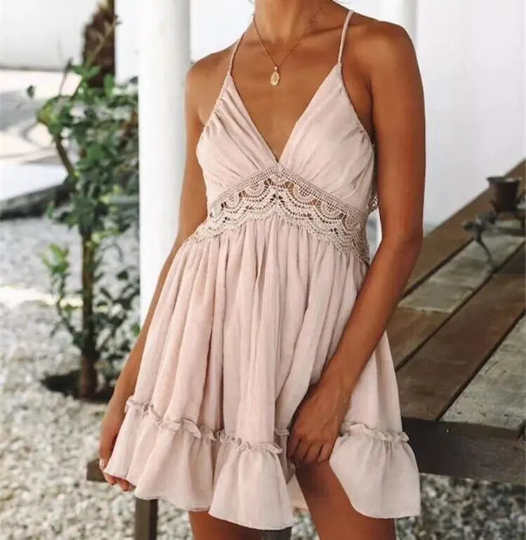 Women's Sexy Backless Lace Spliced Dress Summer V neck Mini Dresses Ladies Fashion Clothes Elegant Evening Dress Drop Shipping