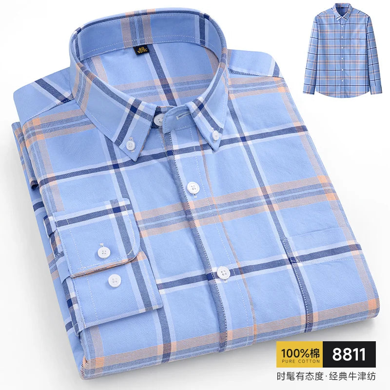 Men's Oxford Pattern Shirt Long Sleeve Big Size S-11XL Cotton Slim Fit Business Casual Traditional Shirts Easy Care Comfort