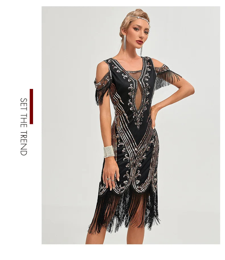 Vintage 20s 1920s Dress The Great Gatsby Womes Sequins Tassel Fringe Evening Dress New