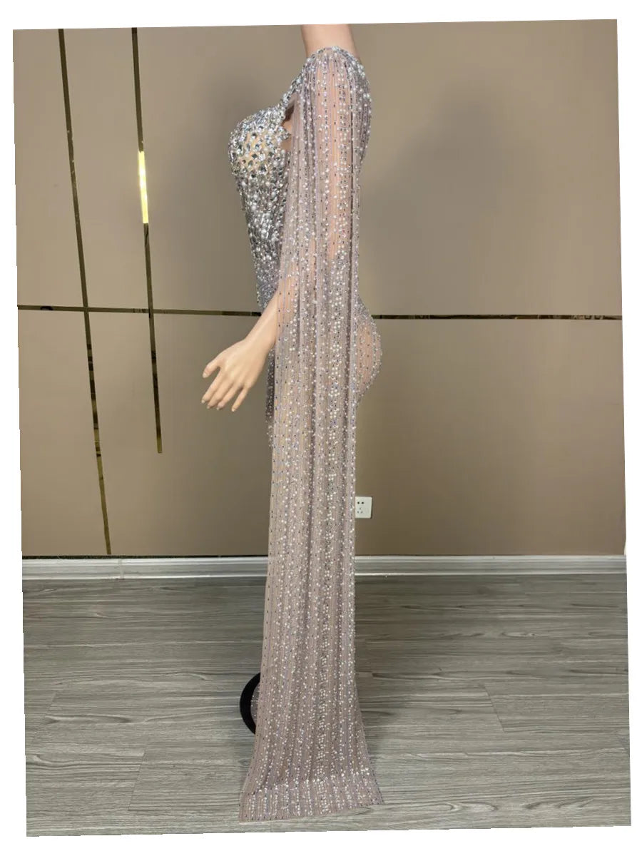 Luxury Sparkling Champagne Large Crystal Transparent Long Train Dress Set Birthday Celebration Dress Evening Wedding Dance Dress