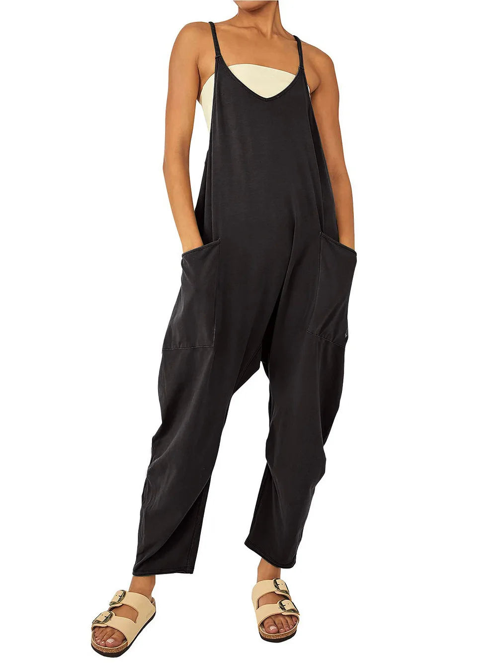 Women Casual Spaghetti Strap Sleeveless Jumpsuit Vintage Harajuku Wide Leg Loose Pants Summer Solid Oversize Overalls Rompers