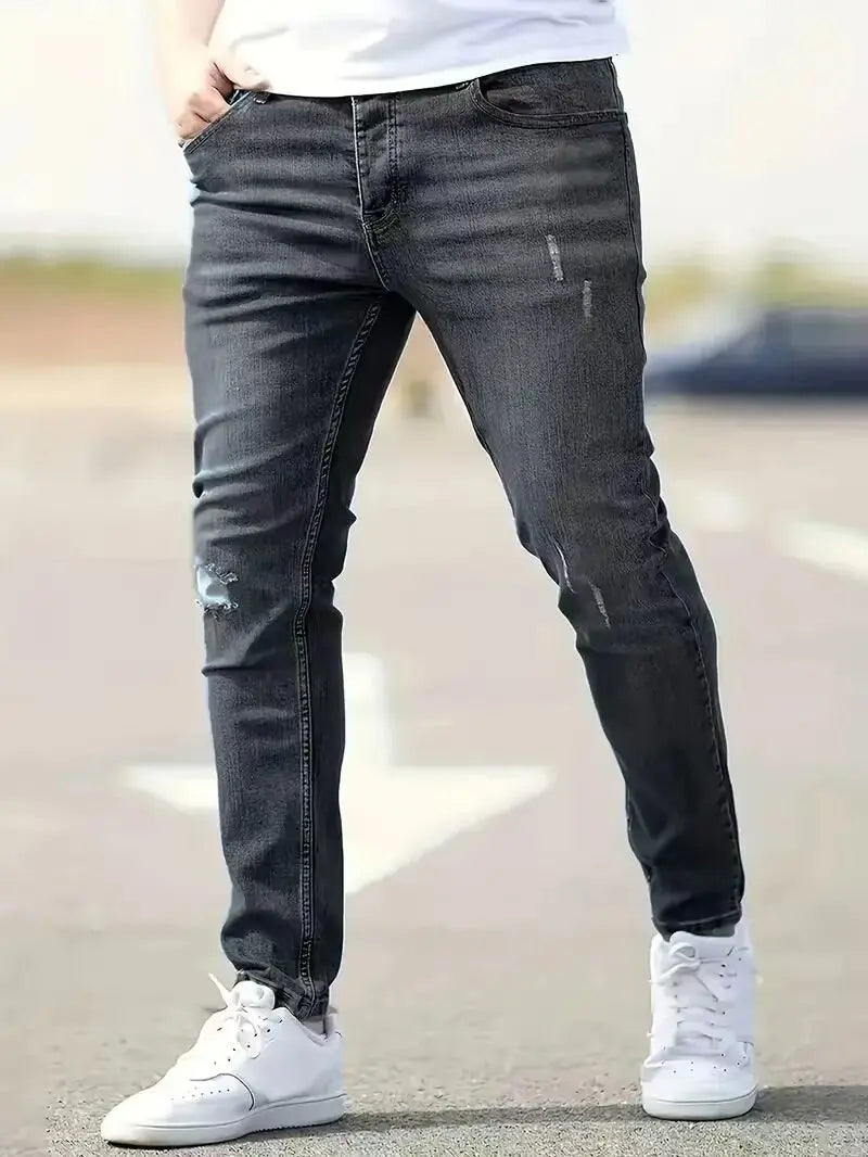2026 New Fashion Men's Skinny Ripped Jeans Mid Waist Stretch Denim Pants Male's Slim Trousers with Pocket Casual Soft Streetwear