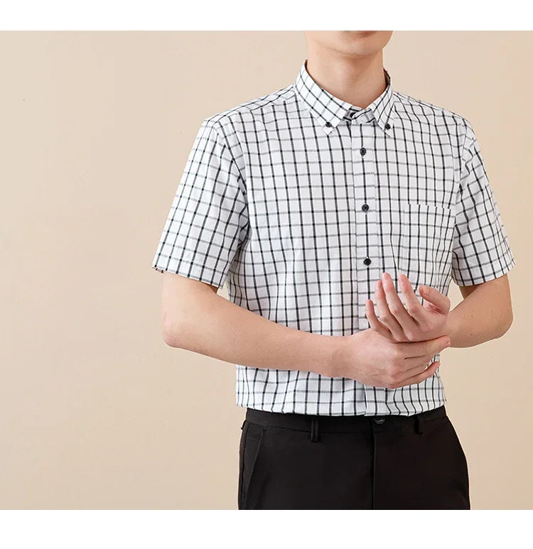New In Shirt Summer 100%Cotton Short Sleeve Shirts for Men Slim Fit Formal Plain Shirt Designer Plaid Korean Popular Clothes