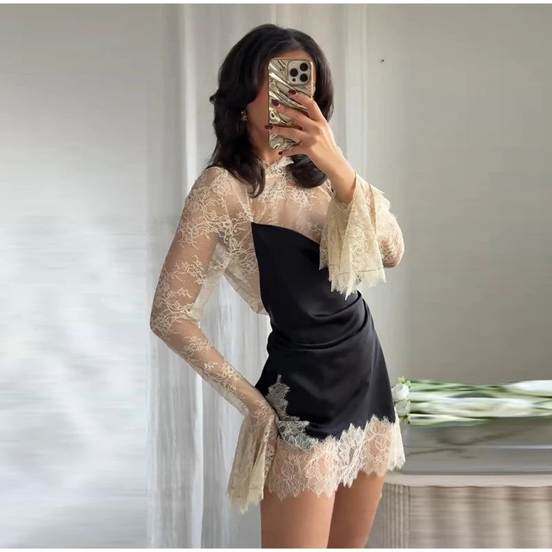 Sexy Color Block Bodycon Dress Women's Lace Insert Full Sleeve Y2K Mini Dresses 2025 Autumn Lady New Elegant Party Clubwear