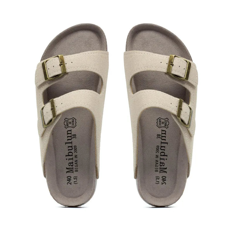 Nubuck Women Cork Slippers Summer Mule Clogs Flats Sandals Slides Casual Beach Couple Double Buckle Soft Shoes Footwear Big Size