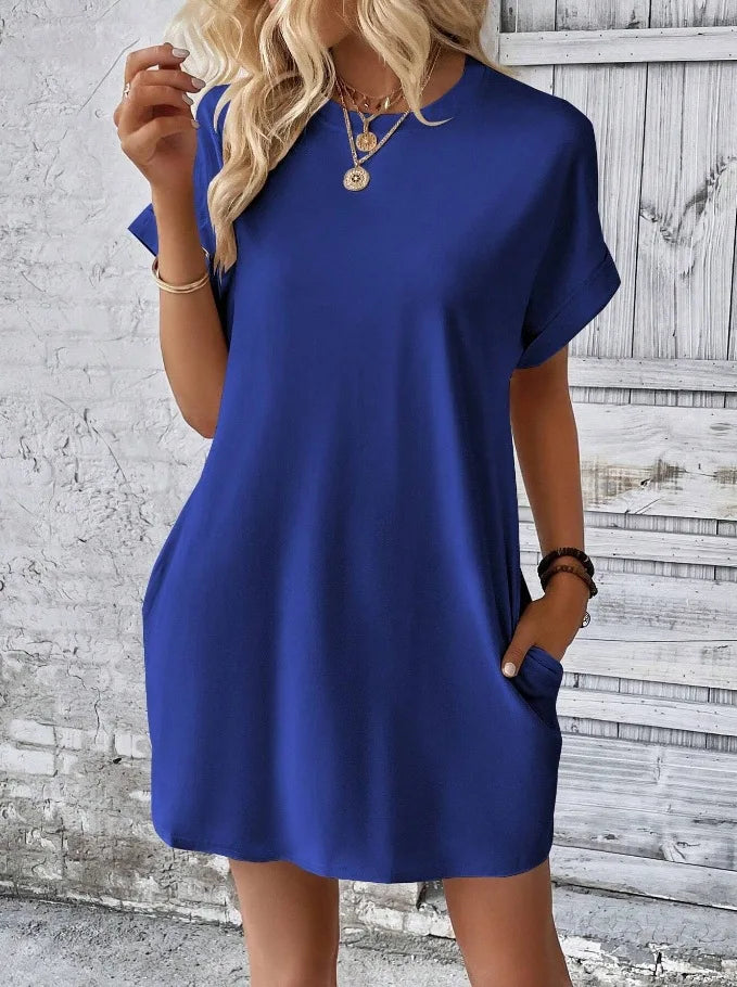 New women's spring and summer fashionable temperament casual commuting solid color round neck loose short sleeved pocket dress