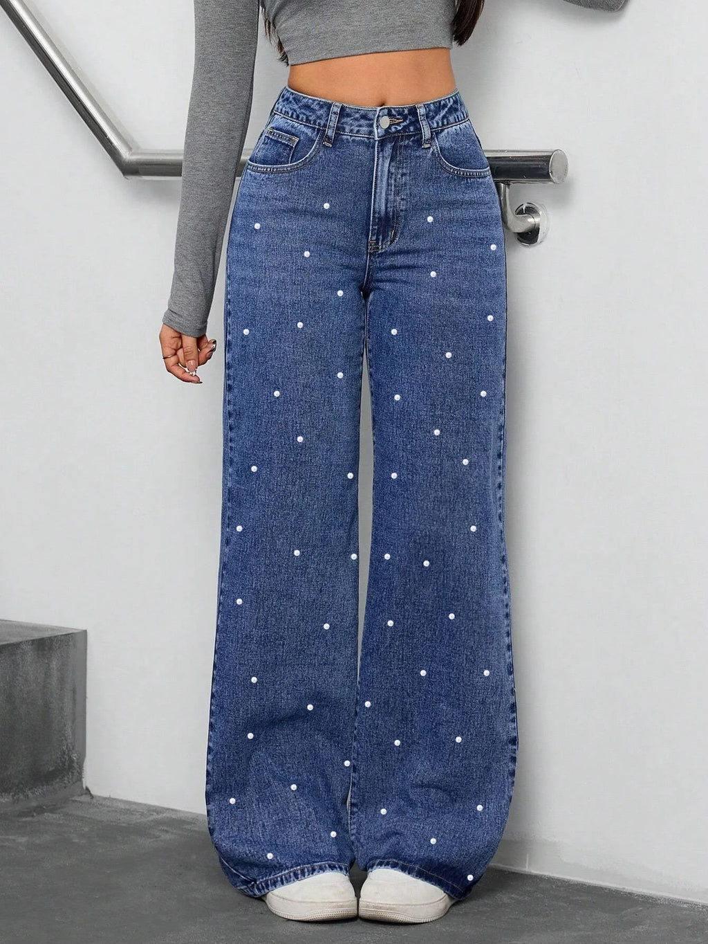 Denim Straight Pants Women Pearls Spliced Jeans High Waist Washed Basics Ankle Length Trousers Streetwear Pant Solid Autumn