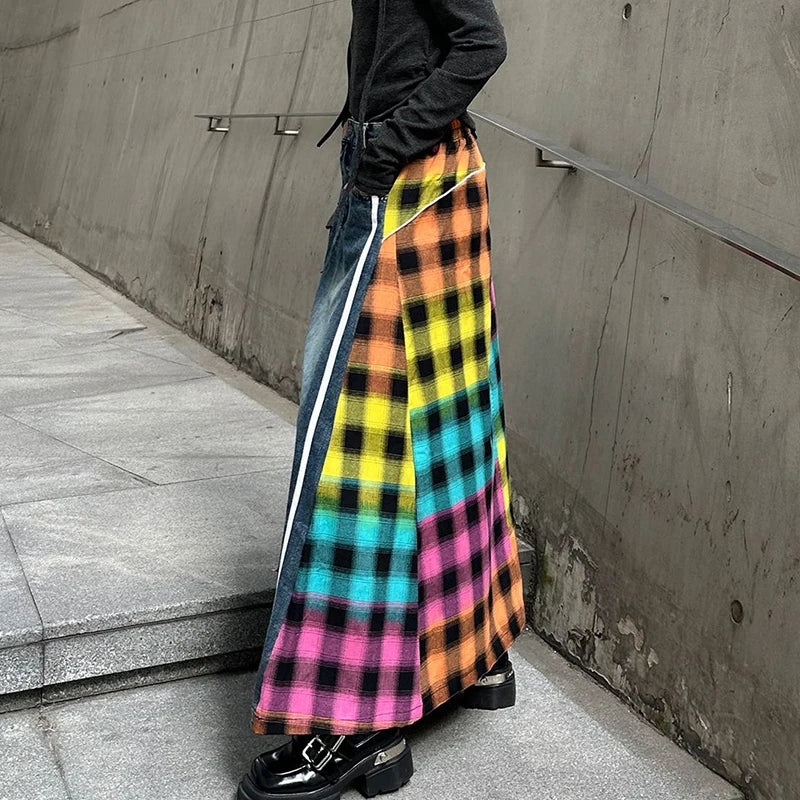 High Fashion Denim Skirt Women Elastic High Waist A-Line Long Skirt Female Colorful Patchwork Plaid Jean Skirt