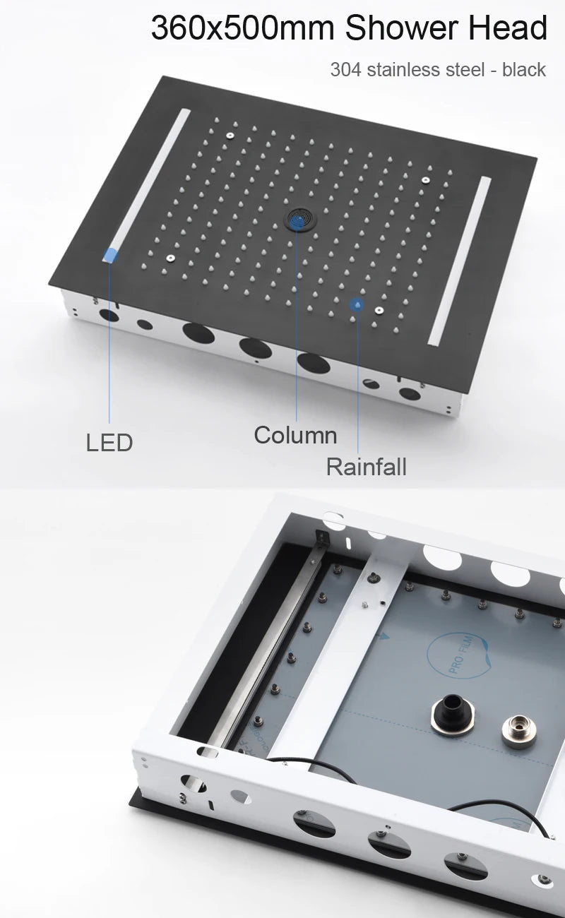 Digital Shower Set Ceiling Rain Shower Head LED Black Thermostatic Mixing Valve