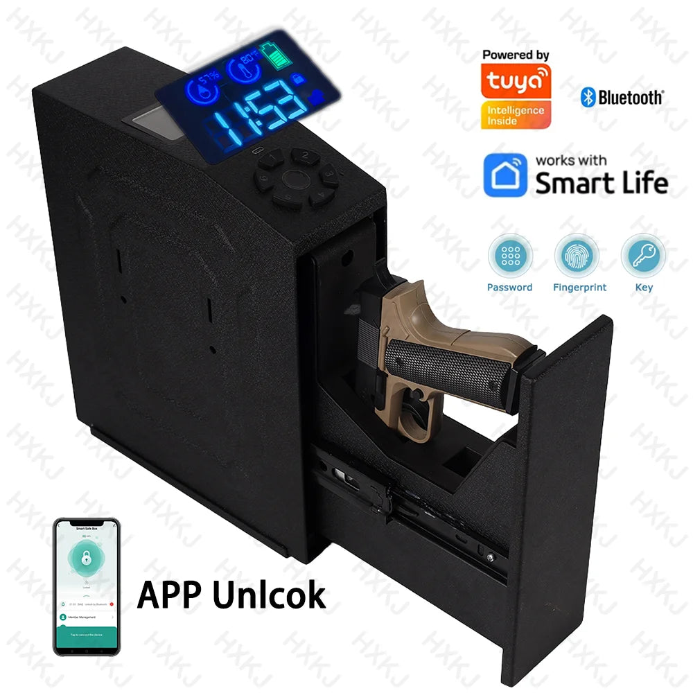 Tuya BLE Gun Safe Box Biometric Fingerprint Key Code 3-in-1 Wall Mounted Pistol Safes Box Anti theft Certified Handgun Safe