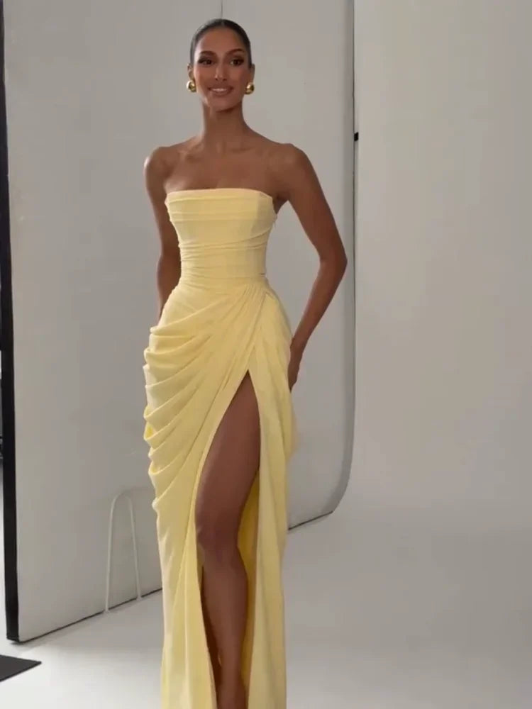 Sexy Women Solid Pleated Strapless Chic Dress Lady V-neck Off-shoulder Backless High Waist Split Vestido 2026 Evening Party Gown