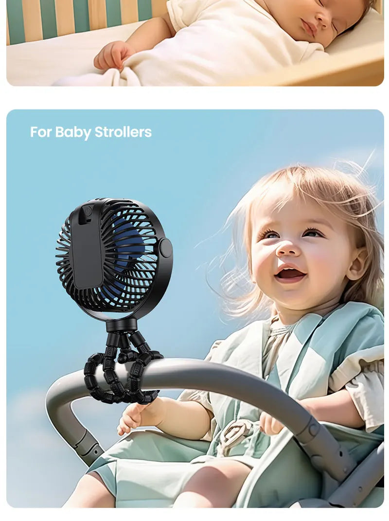 5000mah Stroller Portable Mini Fan USB Rechargeable Outdoor Electric Fan 4 Gear Speed 360°Degree Rotata & Digital Display