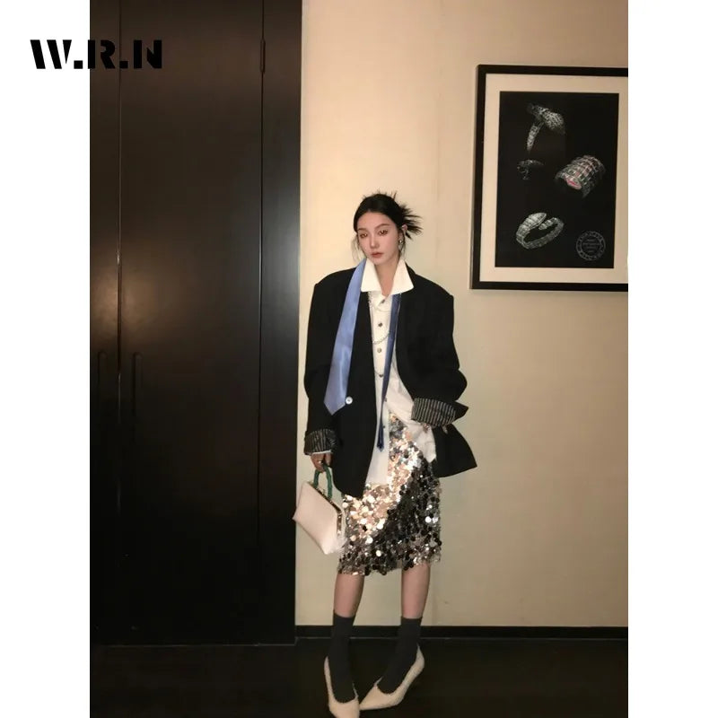 2024 Spring High Street Clubwear Sequins Design Mid Long Skirts Women Casual High Waist Streetwear Hotsweet A-Line Skirt