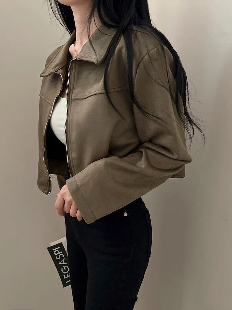 Retro Lapel Lady Short Coat Zipper Long Sleeves Patchwork Slim Fitting Jacket 2026 Spring Fall Commute Office Daily Outerwear