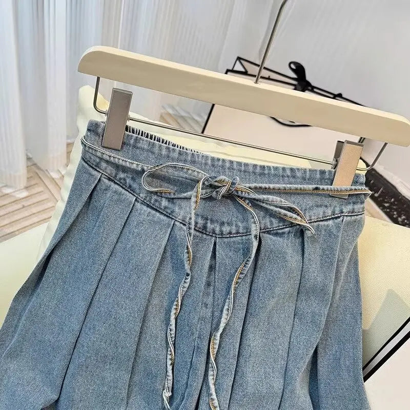 Denim Skirts Women Mid Length Skirt A Line High Waist Slim Fit Pleated Casual Elegant Splice Y2k Streetwear Work 2026 Spring