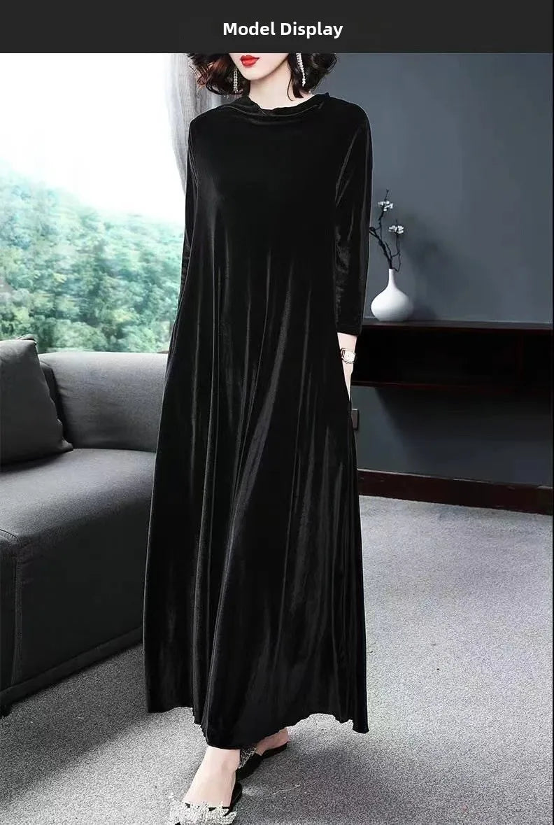 Elegant Velvet Long Sleeve Midi Dress for Women Spring Autumn New Style Casual High Waist A-Line Skirt Fashionable Dress