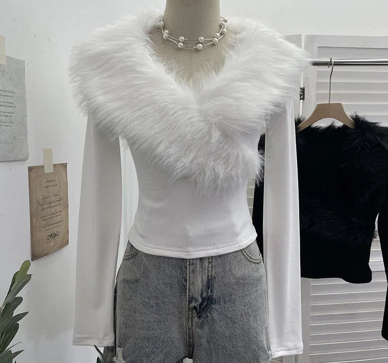 ISAROSE Big Artificial Fur Collar T-shirt for Women Y2K Solid Color V Neck Spring Autumn Sanded Fabric Lining Short Slim Tops