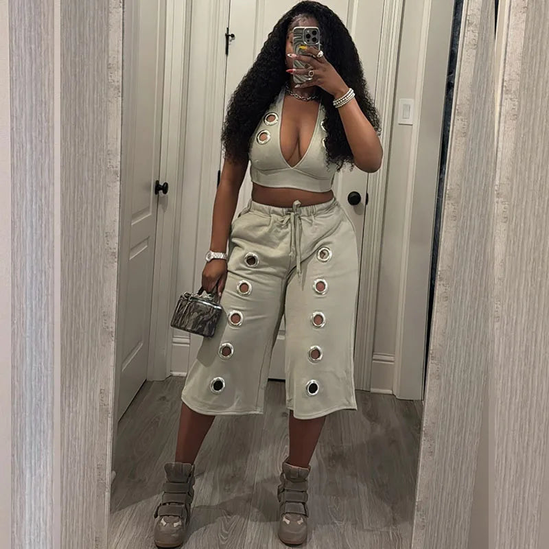 Streetwear 2 Piece Sets for Woman Club Outfits Party Hollow Out Halter V-neck Vest Crop Top and Calf-length Pants Matching Sets