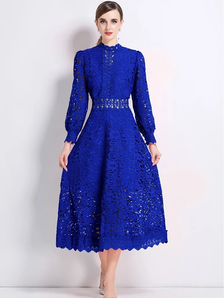 Solid Lace Holloe Out Slimming Elegant Dresses For Women Stand Collar Long Sleeve High Waist Minimalist Dress Female Fashion