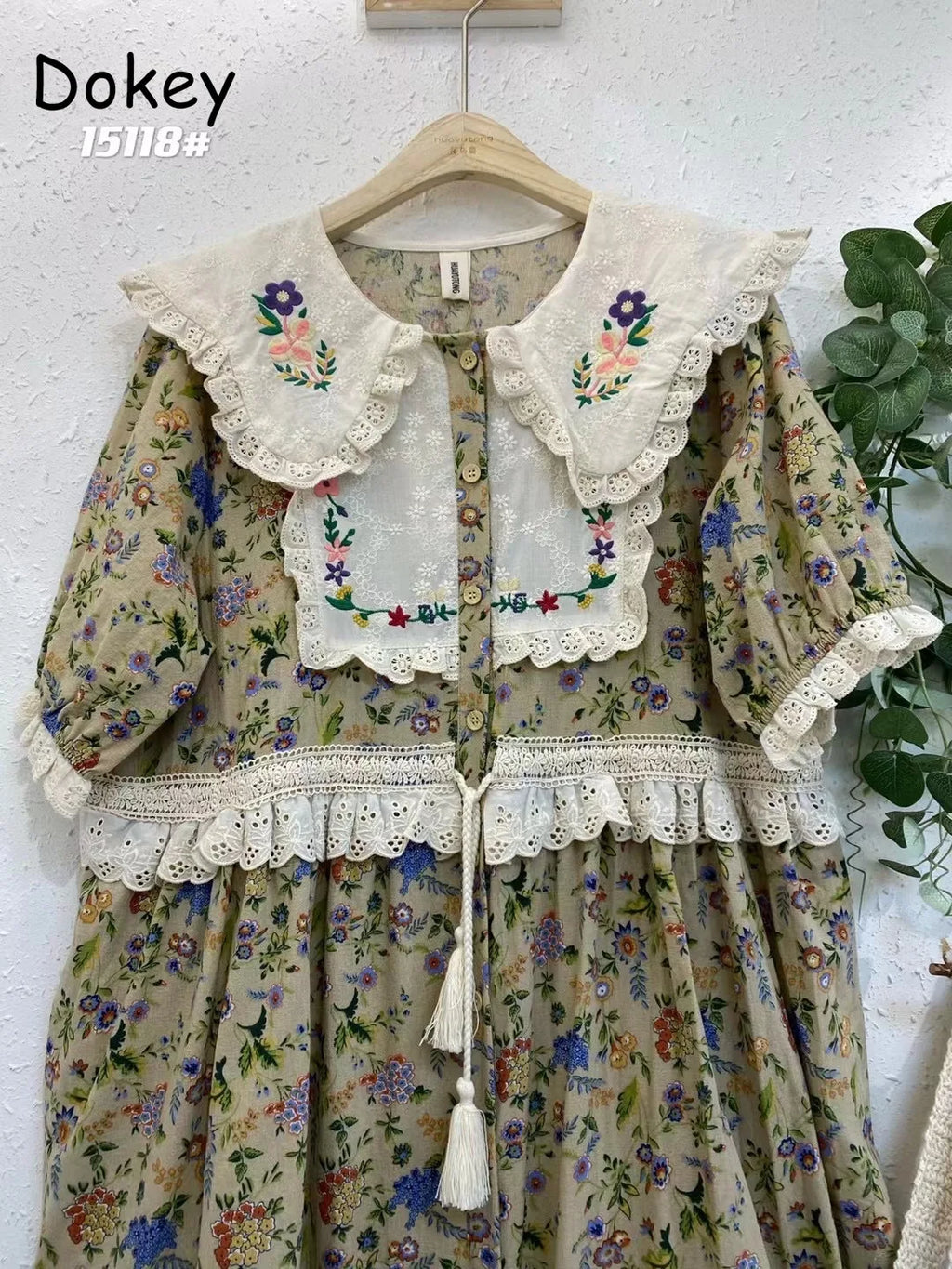 Vintage Embroidery Art Print Kawaii Dress Women Japanese Mori Girl Peter Pan Collar Patchwork Cotton Linen Dress Loose Vestidos