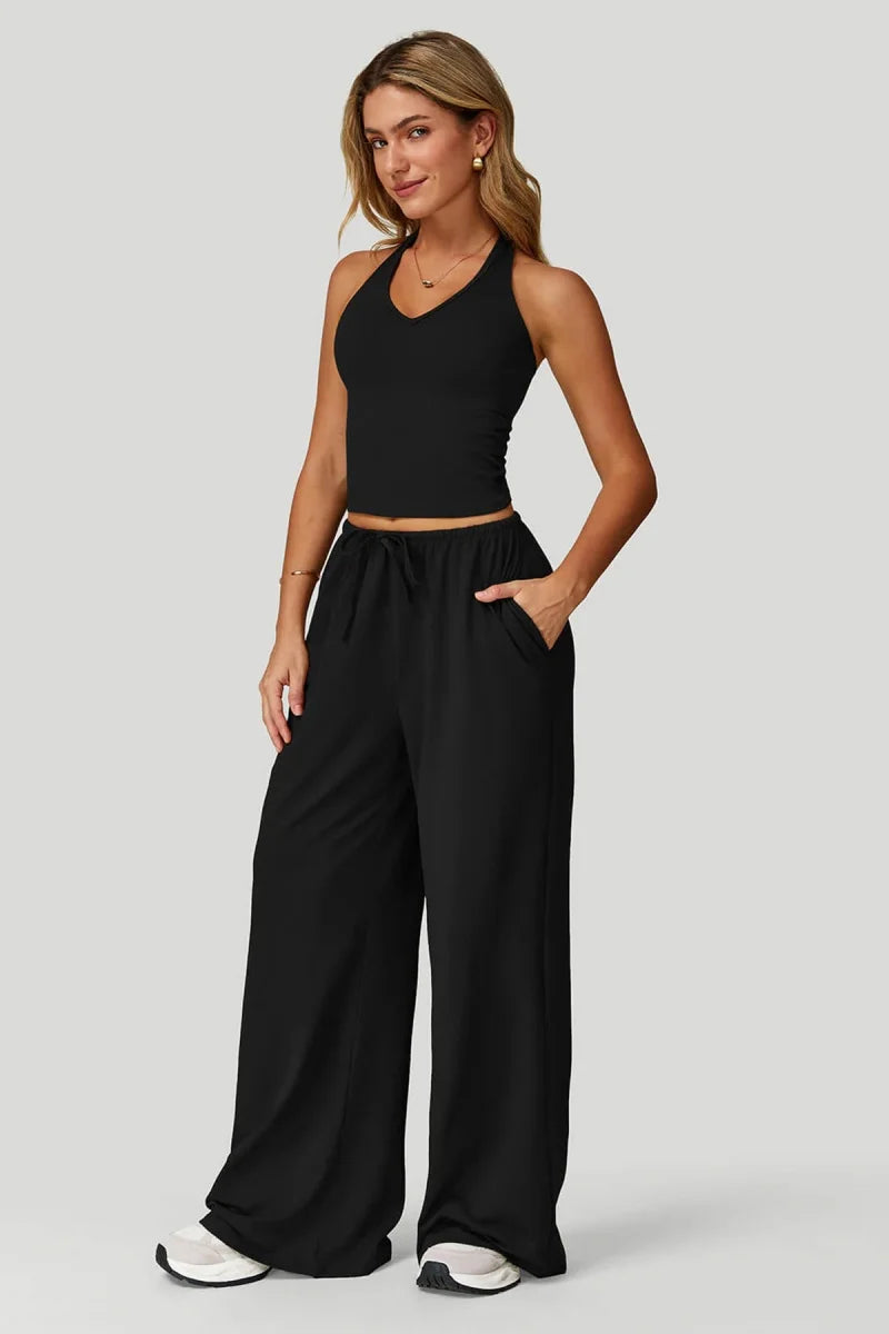 European and American fashion women's trousers set comfortable wide-leg trousers set loose casual pants women's sports fitness e