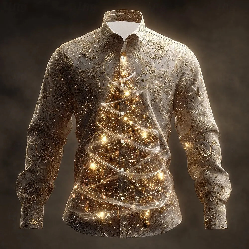 2025 Men's Christmas Tree Sparkling Glitter Christmas Light Shirt Button Up Shirt Long Sleeve Funny Christmas Gifts Holiday Wear