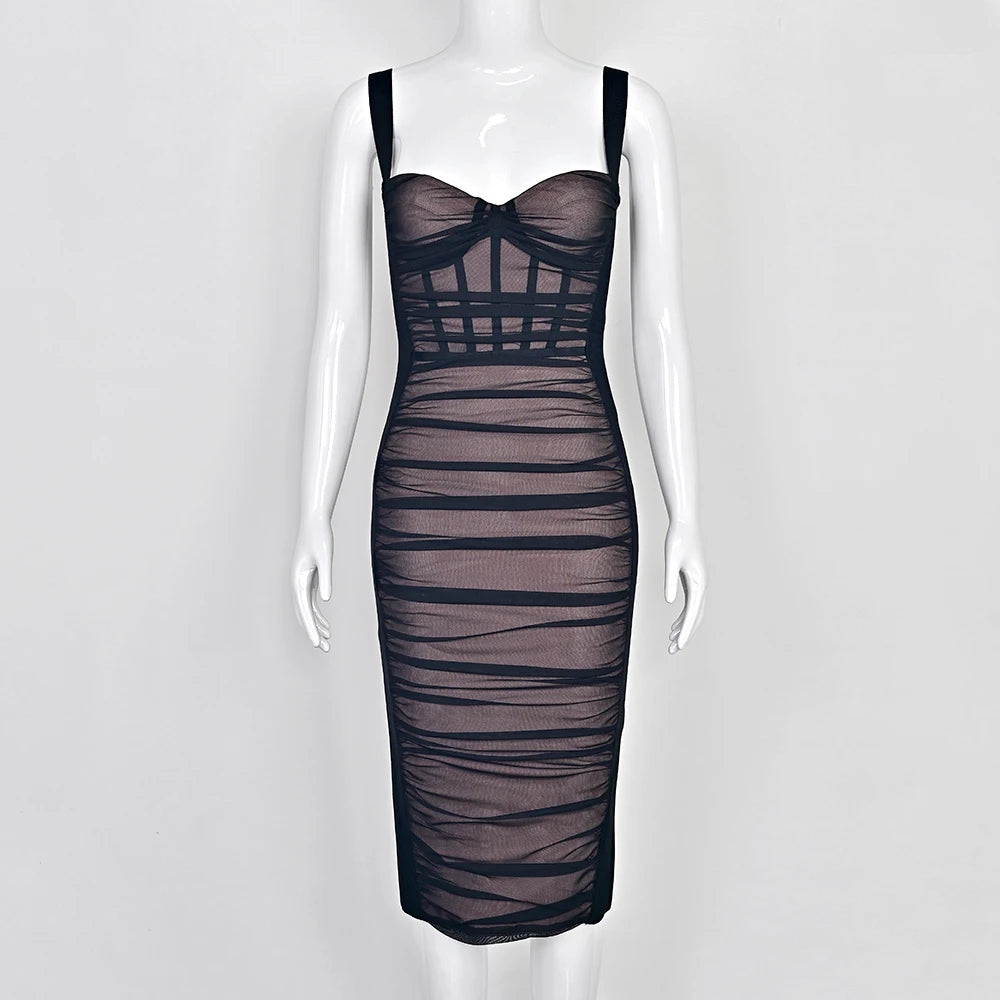 BEAUKEY Sexy Vintage Black Bandage Dress 2025 For Women Summer Draped Spaghetti Split Contrast Bodycon Dress XL Paded Vestido