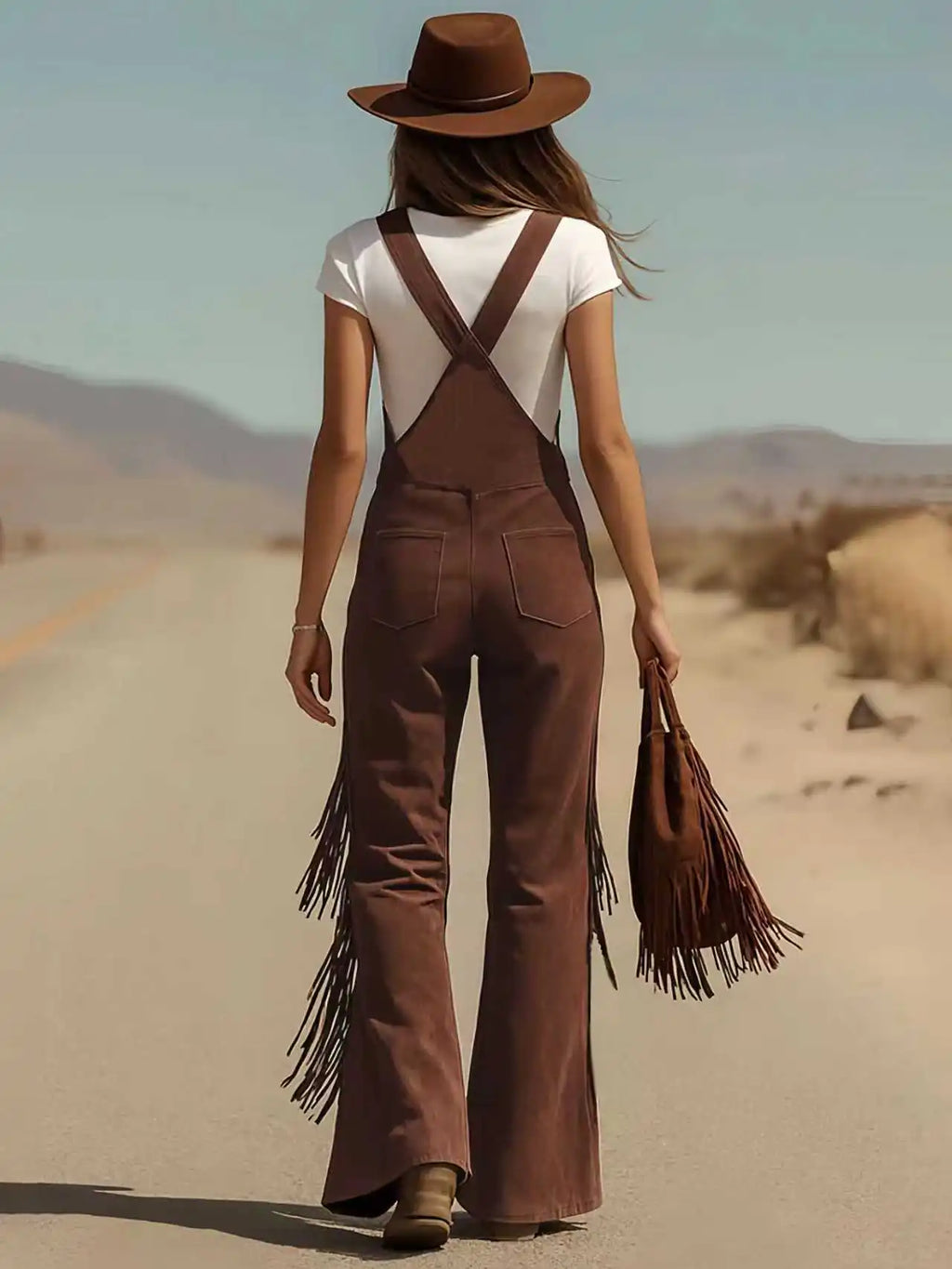 Women's Fashion Retro Western Tassel Wide Leg Jumpsuit 2026 New Casual Pocket Straps Female All-Match Rompers