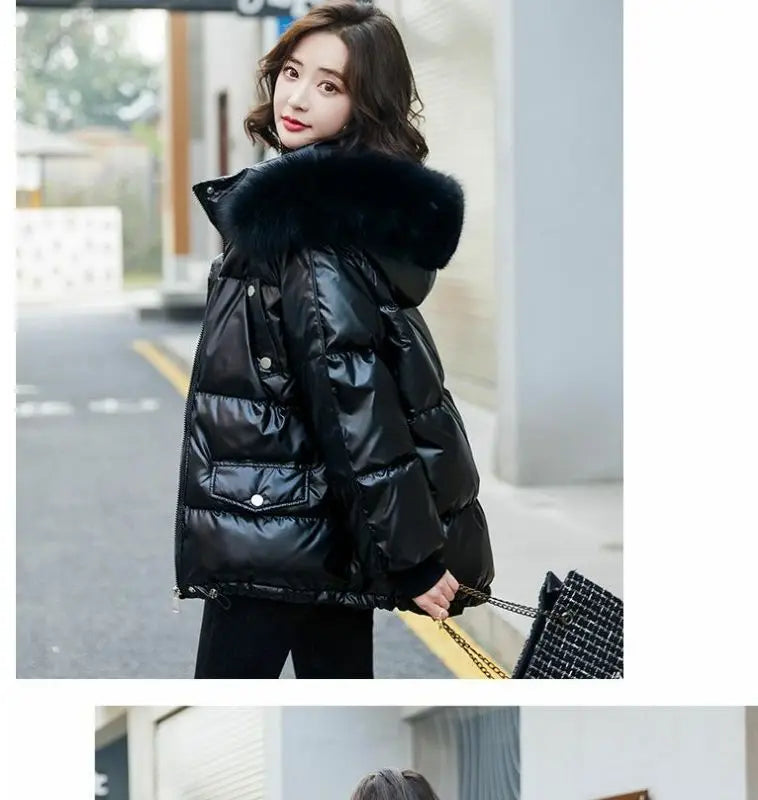 2026 Winter Fashion New Warm Duck Down Jacket Women's Clothes Glossy Fur collar Thicken Parka Short Down Coat Female Trend