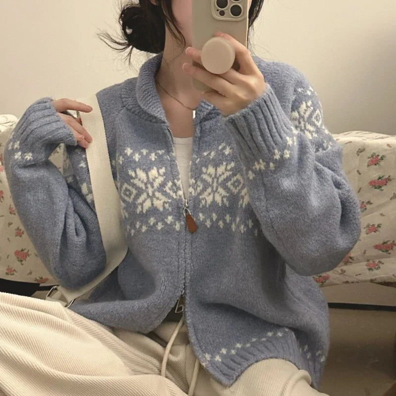 New Autumn Winter Women Fashion Elegant Knitwear Long Sleeve Sweater Fall Korean Style Casual Knitted Top Zipper Lapel Jacket