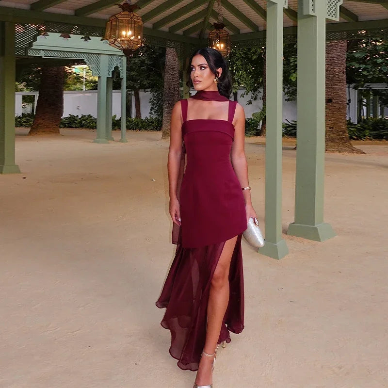 Boho Chic Elegant Mesh Patchwork Sling Dress Sexy Loose Sleeveless Split Scarf Long Dress Female 2026 New Party Evening Dresses