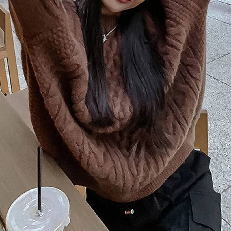 Autumn Winter Thicken Warm Pullover Sweater Women Vintage Loose Twist Knitted Jumper Woman All-Match O-Neck Long Sleeve Pullover
