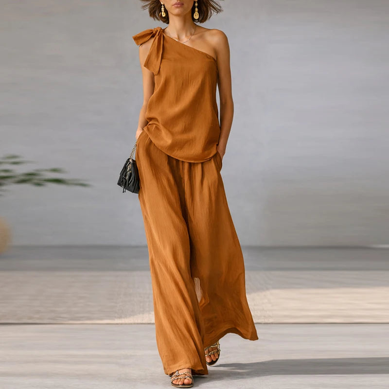 Elegant Lace Up Sleeveless T Shirts Vest High Waist Loose Pants Suit Women Casual Two Piece Set Fashion Holiday Outfits